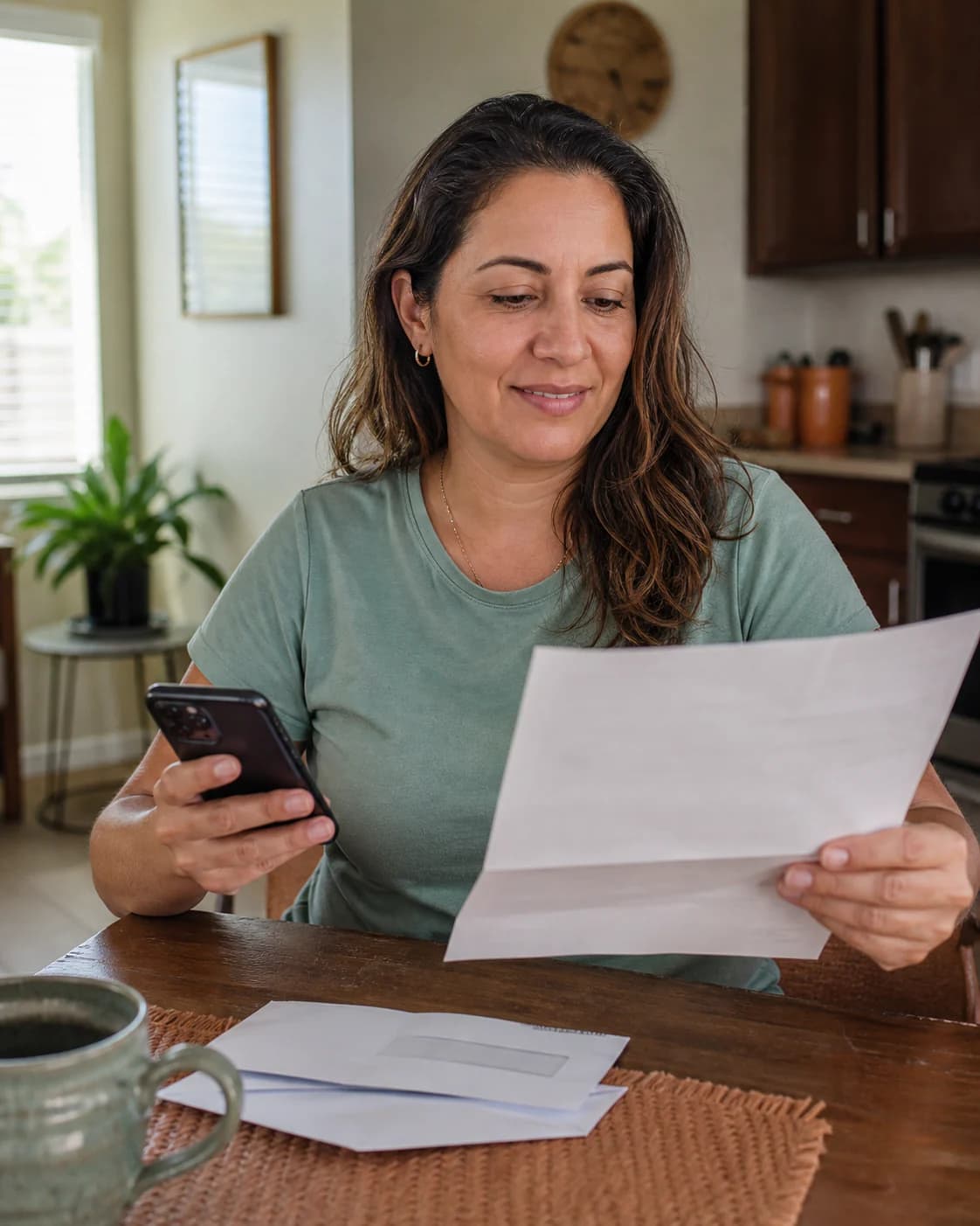 Mulher usa o celular para entender uma carta em inglês.